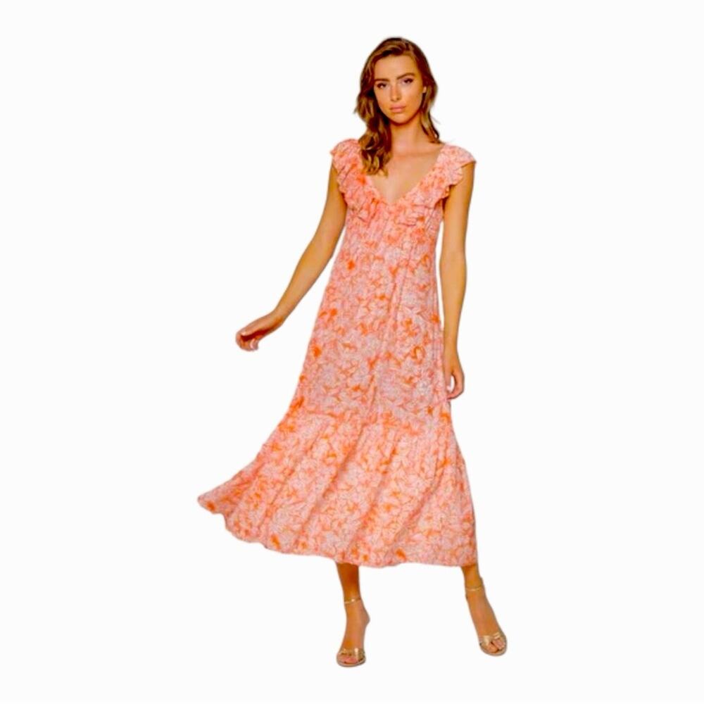 Lavender Brown Orange Multi Print Flutter Sleeve Maxi Dress Medium NWT